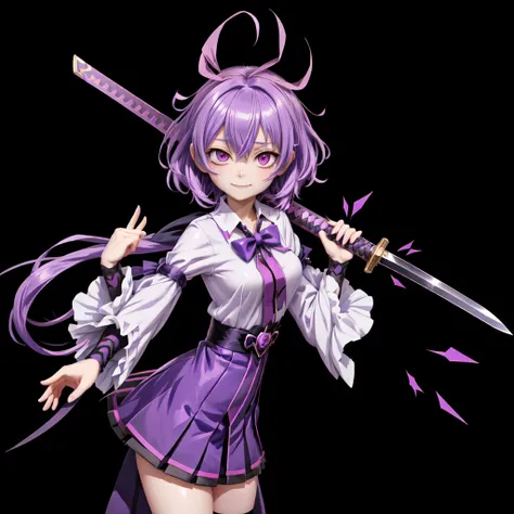 anime girl with purple hair and a sword in her hand, dapper dream demon, [[[[grinning evily]]]], hajime yatate, gapmoe yandere grimdark, portrait gapmoe yandere grimdark, key anime art, neferpitou, best anime 4k konachan wallpaper, gapmoe yandere