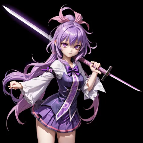 anime girl with purple hair and a sword in her hand, dapper dream demon, [[[[grinning evily]]]], hajime yatate, gapmoe yandere grimdark, portrait gapmoe yandere grimdark, key anime art, neferpitou, best anime 4k konachan wallpaper, gapmoe yandere