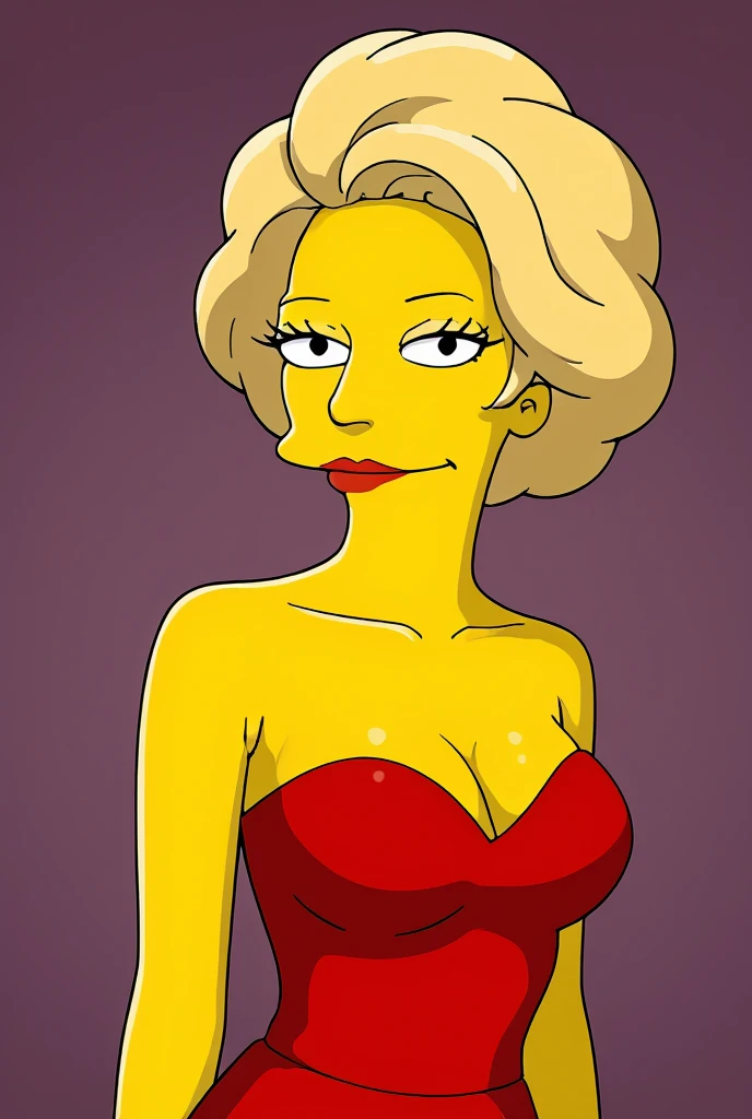 Marge Simpson dressed seductively, red lipsticks, red dress, highly detailed, masterpiece, saying "Happy birthday Vasken"