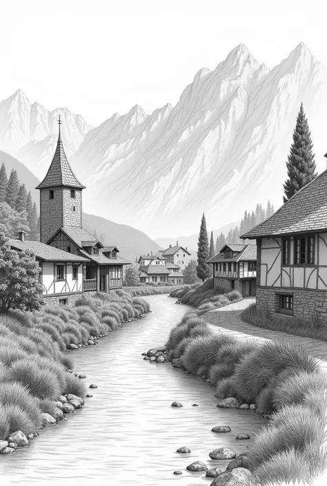 Make a pencil sketch of the bulgarian village teteven. Make sure to include the little river that goes through teteven and definitely include the mountains as well