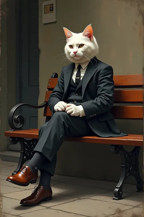 masterpiece， Best Quality 。, an anthropomorphic white cat ，The human body，cats head ， wearing a suit and leather shoes，Sitting on a street bench， Very cool and chic，Rich scene elements ，GTA-style ,  in the style of Rembrandt painting --ar 2 :3 --style raw ...