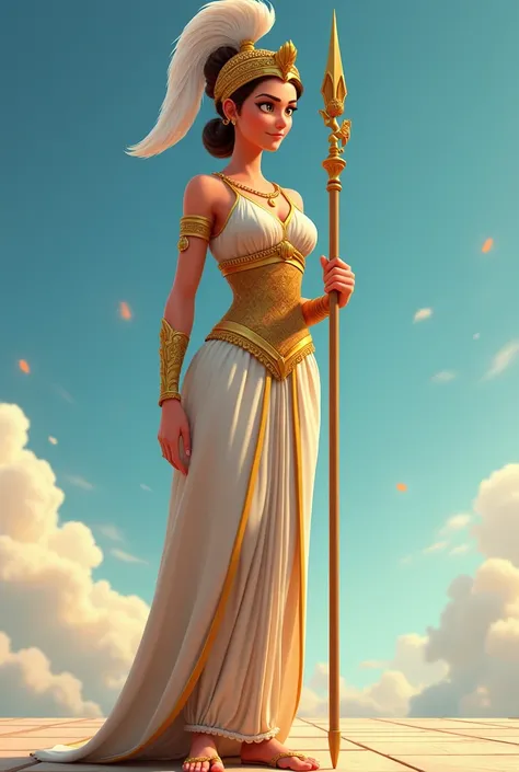 Illustration cartoon inspirée de l’univers Pixar, représentant Athéna, déesse grecque de la sagesse et de la stratégie, de face. Elle est majestueuse, debout dans une posture droite et imposante, vêtue d’une armure dorée élégante avec des détails gravés. E...