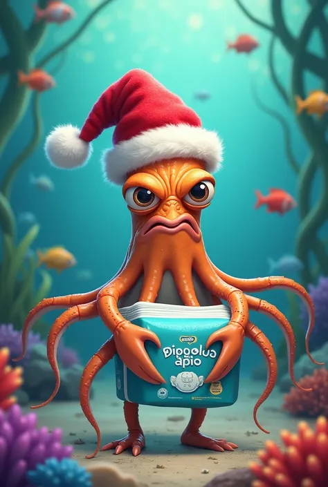 Create a picture of the grumpy clam squid wearing a Christmas hat holding a pack of baby diaper from the brand hippopo