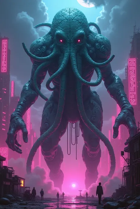 " Create an image that mixes cybernetic elements and the Cthulhu Myth with a retrowave aesthetic:  a massive biomechanical entity with a glow ,  tentacle-like appendages emerging from a darkness , neon-lit cityscape.  The creatures metallic parts blend per...