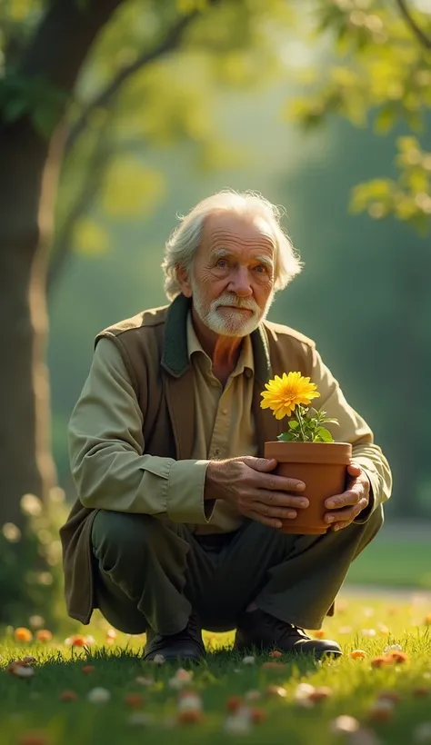 An old man with a pot containing a yellow flower in the blurry park. 