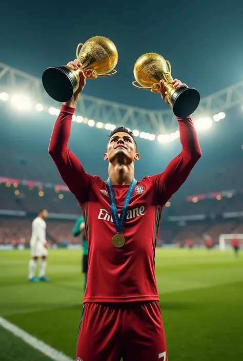 Ronaldo holds the trophy and the Ballon dOr