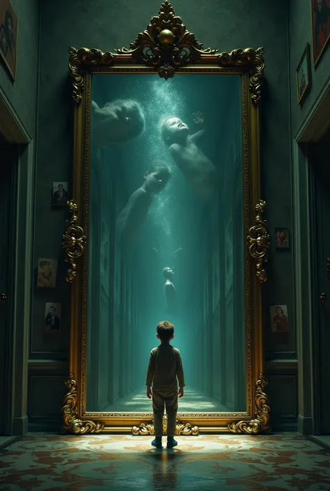  An infinite maze of dark corridors ,  with pictures hanging on the walls showing memories of Alexs hood ( like him playing with his brother ). In the center of the scene,  a giant mirror with an ornate frame reflects not Alex ,  but a distorted version of...