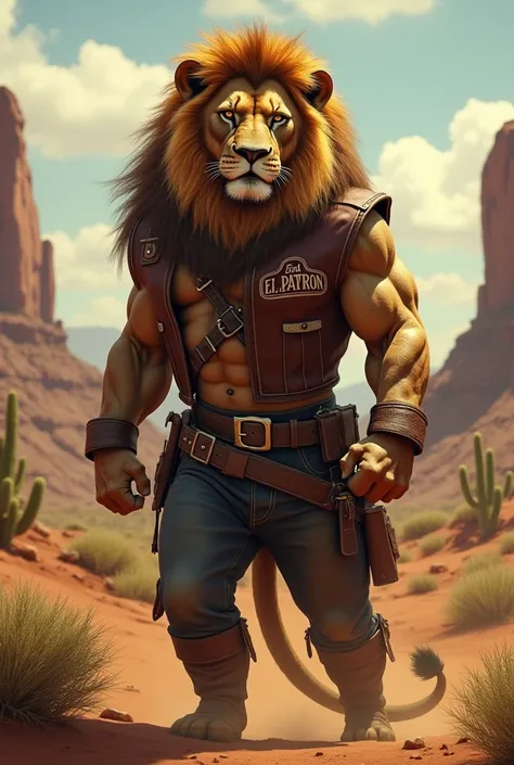 A cowboy lion wearing a vest that says team elpatron 