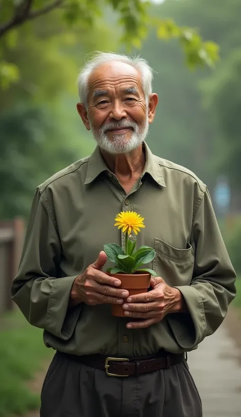 An old man stands with a small smile and carries in his hand a pot containing a small yellow flower and in the back there is a blurry park. 