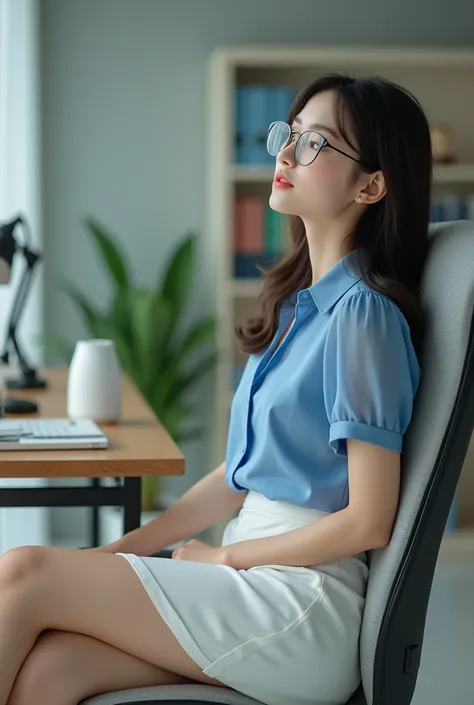 Thai very beautiful office woman wearing glasses,blue shirt with short sleeves, short tide white skirt, lay down on the desk, sexy