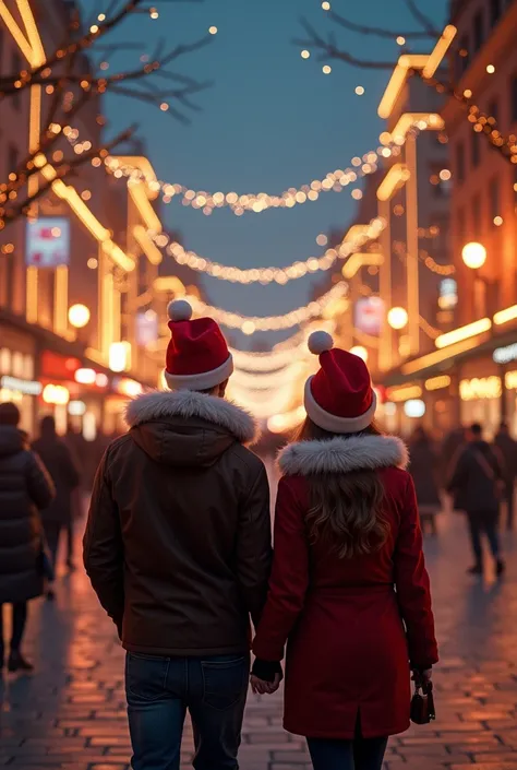 Christmas day 。Illuminated cityscape。Back view of a couple。Santa hat on the head。