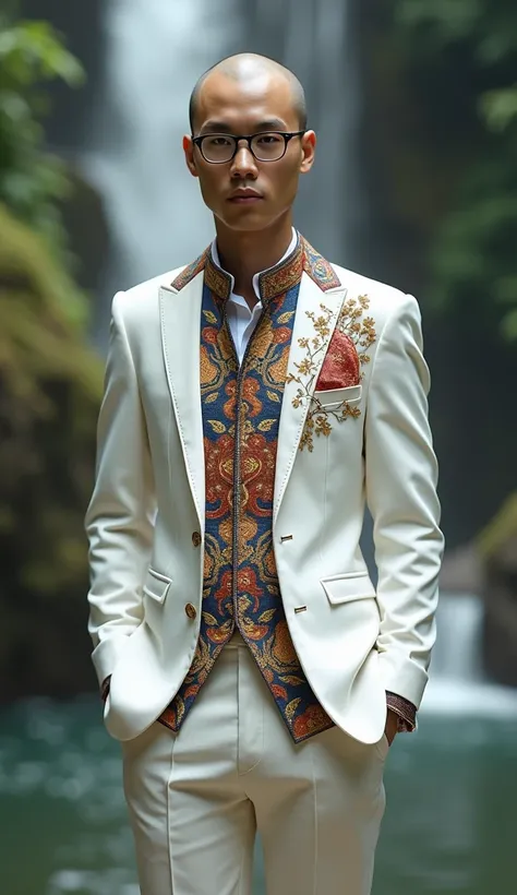  a bald young Thai man wearing glasses  , wearing a white international suit in Thai style , with antique Thai embroidery, blue red and gold , background is a bhudda ,There is a beautiful waterfall , Masterpieces,  anatomically correct ,  High Resolution ,...