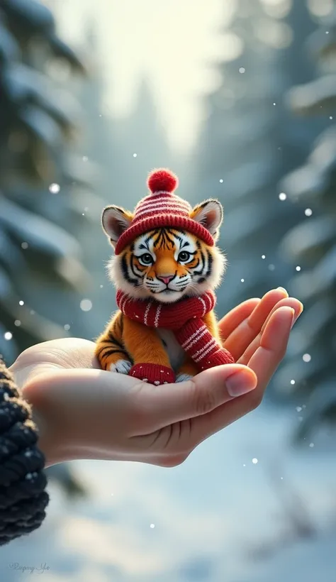 A mini tiger with cold Christmas clothes , In the palm of a hand  , In the background trees and snow  