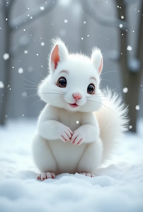 Cute squirrel in a white coat its snowing