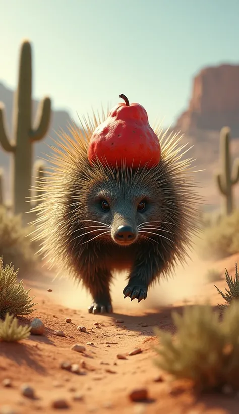  porcupine  (A spiky porcupine disguised as a cactus with red fruit on its head.)is chasing in the desert 