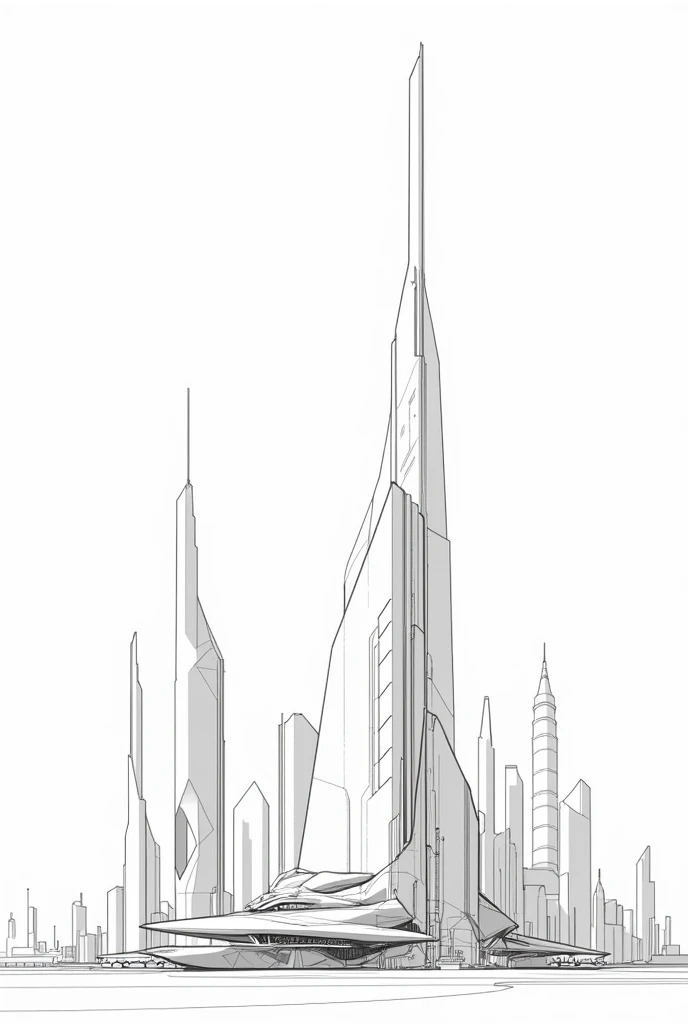 b&w architecture, black and white, line drawing, simple , city, interesting, fantastic, no circles, futuristic