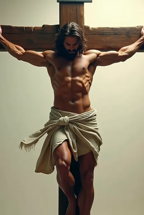 Create an image of Jesus from the Christian Bible but muscular, Standing on the Cross