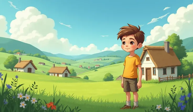 A small village with simple houses on the edge of a green field. A boy named Ryan smiling and standing next to his parents house, looking relaxed and lazy.