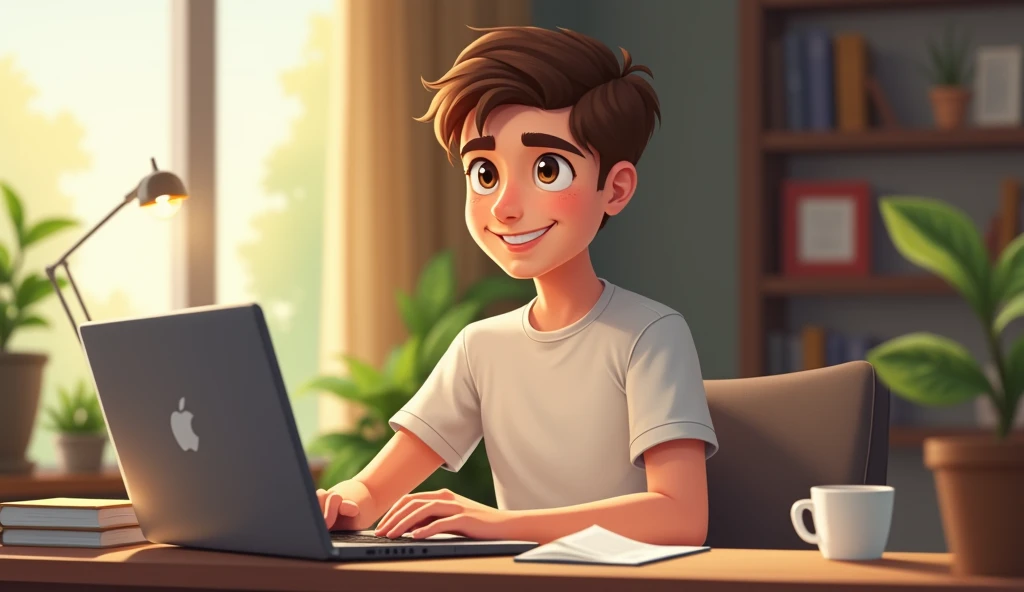 A young man, around 25 years old, with short brown hair and warm brown eyes, sitting at a cozy desk in a well-lit room. The room has soft, natural light coming through a window, highlighting books and a laptop. He has a friendly, approachable smile, and th...