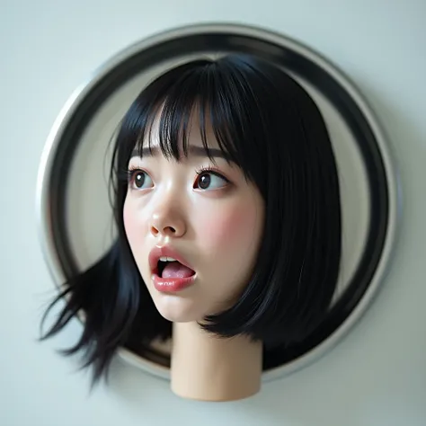 A beautiful young japan womans decapitated head lying on a silver tray. No shoulders, no neck. She looks half side view, looks straight. No blod. She has beautiful straight, thick, smooth, silky, black bob hair with bangs, in a thick half ponytail. The wom...