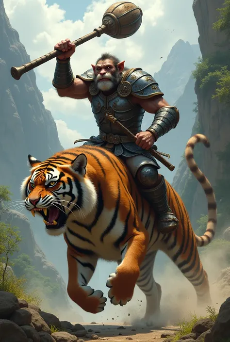 “Monkey wearing armor, holding a club, ready to fight while riding a tiger.”