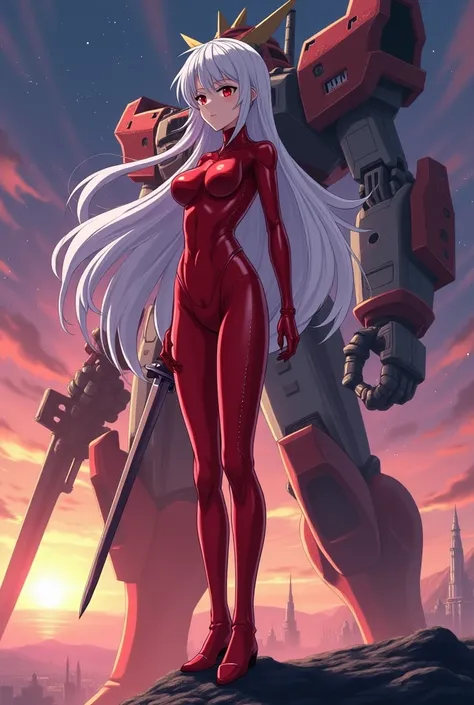 Anime girl sexy body white silver hair very red eyes with her red wick suit behind her a very giant robot and the background of a starry sky sunset she is on a roof of a building and she has long hair, big breasts, very beautiful and a wicked sword and she...