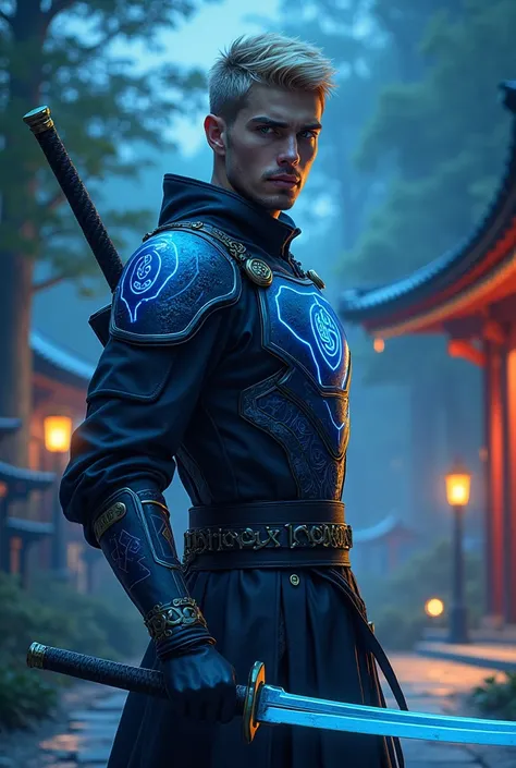 Male, 28 years old, van dyke facial hair, detailed, masterpiece, beauty, glowing blue transparent iron suit, focus between the legs, short blonde hair, in a shinto temple at night. Holding a katana. Magic runes engraved on the katana. Form fitting futurist...