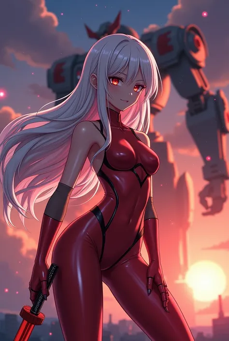 Anime girl sexy body white silver hair very red eyes with her red wick suit behind her a very giant robot and the background of a starry sky sunset she is on a roof of a building and she has long hair, big breasts, very beautiful and a wicked sword and she...