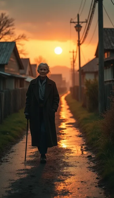 An elderly woman walking on a dirt road during sunset and rain falling, In a small town in the countryside.