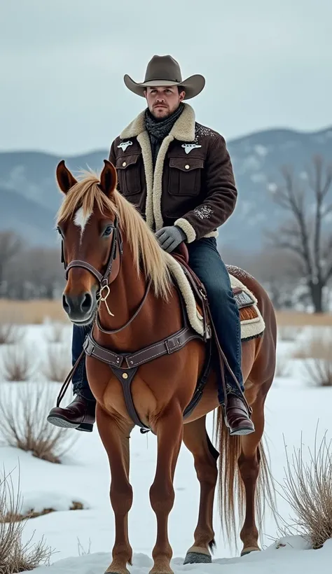 A vivid and highly detailed image of a cowboy astride a majestic horse, both positioned in the midground of the frame to provide a clear, full view of the horse. The cowboy is clad in a rugged dark brown jacket with a beige sherpa-lined collar and interior...