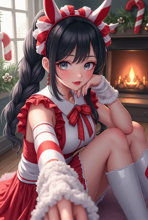 A woman with long black hair tied in the Embedded Braid hairstyle style,  bright gray eyes ,  lips painted red wearing white and red dress ,  inspired by a sugar cane , with diagonal stripes .  Lace sleeves and a headband shaped like a candy cane .  white ...