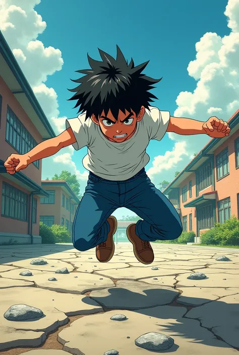 80s ANIME STYLE. A young  boy, with messy black hair, wearing a white t-shirt and jeans, lands with his feet firmly on the ground after a jump from the fourth floor of the school, the ground around him cracks and the stones fly with the impact of the movem...