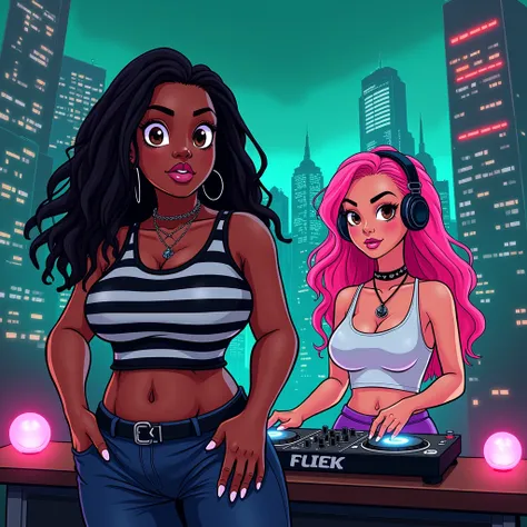 A painting in a cartoon style, with a vibrant teal-green cityscape at night as the background. Glowing orbs and neon lights illuminate the scene in dramatic lighting with contrasting warm and cool tones.  A young curvy woman with shoulder-length thick blac...