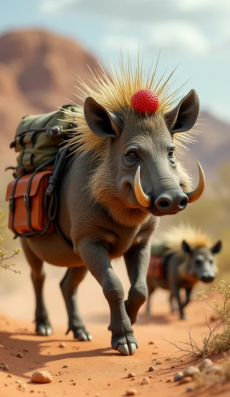 porcupine  (A spiky porcupine disguised as a cactus with red fruit on its head.)is chasing from behind a Warthog (A warthog with sharp tusks and coarse bristles, carrying a bulky leather pack loaded with gear, ready for desert adventures.)from behind  in t...