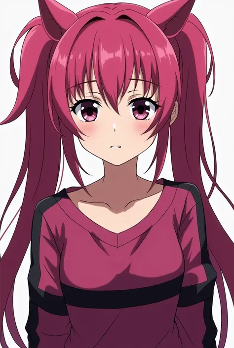 Anime girl with pigtails has magenta hair and wears a magenta sweater with black stripes and shows her navel with a serious look and a black cats eye 