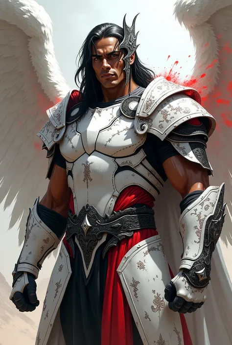 Create a 2d drawing of a warrior in angelic white armor with details in black and bright red, Make him wear a helmet with a black visor ,  that has black hair and brown skin