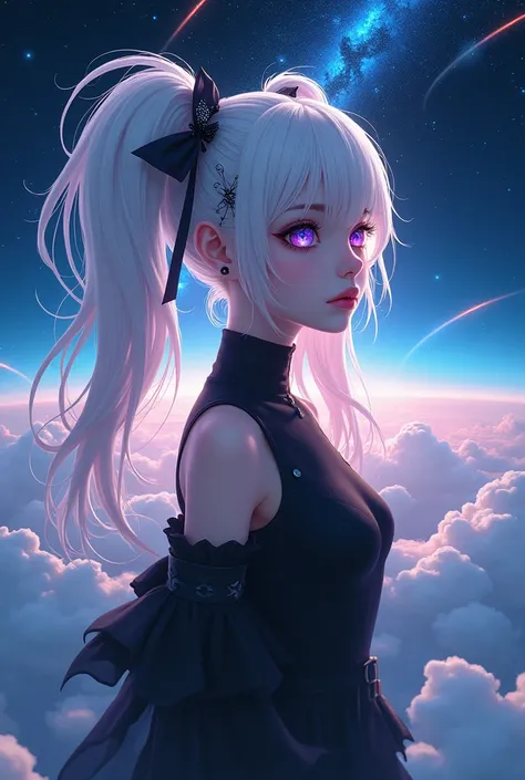 masterpiece, Best Quality , super detailed,(Gothic style), ((floating)),(coating),(Twin ponytails),  unique ,(1 Girl), ((Small_breast)), ( Beautiful Face ))，collar,Bare shoulders, White hair, (Gradient eyes),(High Saturation),(Luminescence),Hair accessorie...