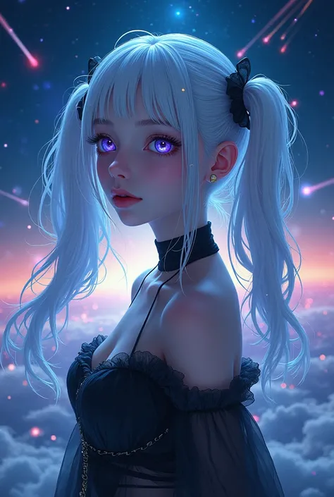 masterpiece, Best Quality , super detailed,(Gothic style), ((floating)),(coating),(Twin ponytails),  unique ,(1 Girl), ((Small_breast)), ( Beautiful Face ))，collar,Bare shoulders, White hair, (Gradient eyes),(High Saturation),(Luminescence),Hair accessorie...