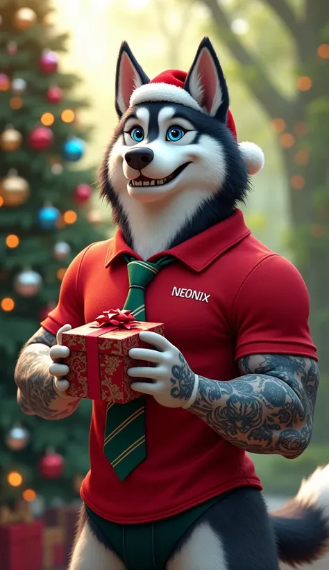 A confident, muscular Siberian husky character stands upright, his fur thick and fluffy, with striking gray and white tones and piercing blue eyes that convey both charm and excitement. He wears a vibrant red Christmas-themed polo shirt with the name Neoni...