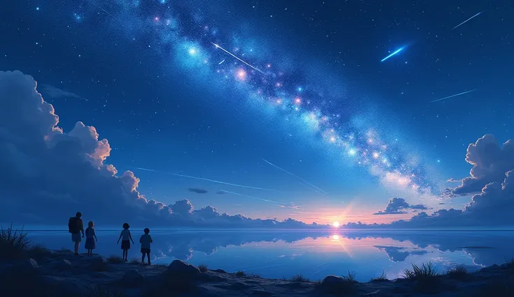   beautiful night sky , Meteor Shower, Beyond the clouds, Reflection, Wide Angle,   People with a view of the world , Wide Angle, by Shinkai Makoto, thomas kinkade,  James Girard ,  by holosomnialandscape , HDR, Volumetric Lighting,  ray tracing ,  intrica...