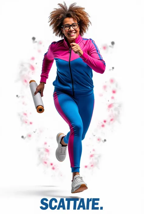 Adult woman with curly hair, a blue and fuchsia tracksuit, and glasses, running with a rolling pin in her hand and behind and around her many aerodynamic velocity effects. Below the image the words SCATTARE. The background of the image must be white