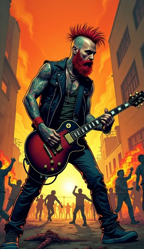 The image shows a stylised illustration of a handsome, bearded, 40-something punk with heavy tattoos and striking red hair. He plays the electric guitar very aggressively in a burning and destroyed city, with many angry people running around. The style of ...