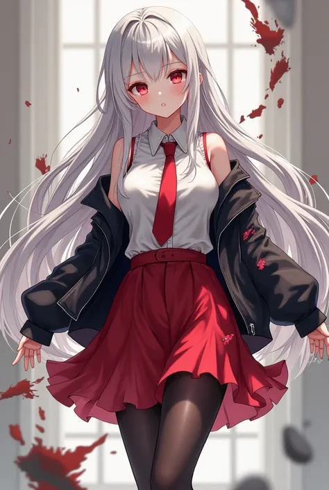 Anime girl sexy body white silver hair very red eyes with red skirt and a torn jacket and a shattered shirt black tights white sneakers shattered red tie and she has long hair big breasts very beautiful background of the shattered skin 