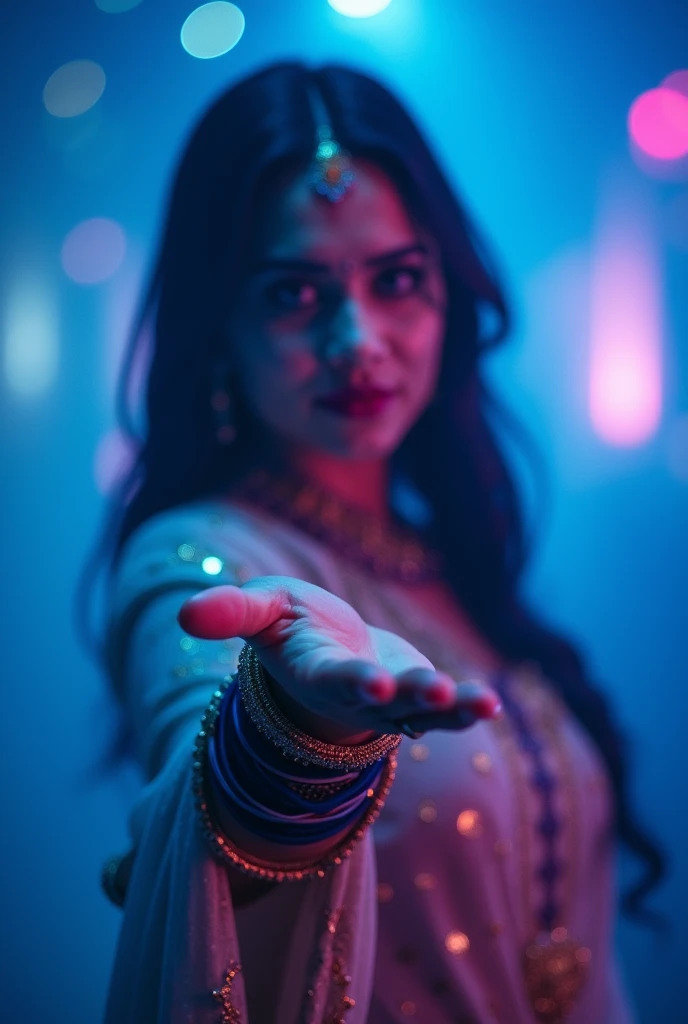  mysterious and captivating woman in an artistic and dramatic setting. She is framed in a dynamic composition with her outstretched hand in sharp focus, creating a sense of motion and engagement with the viewer. Her face is slightly blurred but still disce...