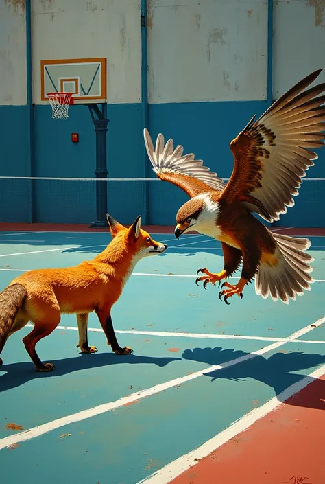 a painting, Where is there a fox fighting a falcon on a sports court