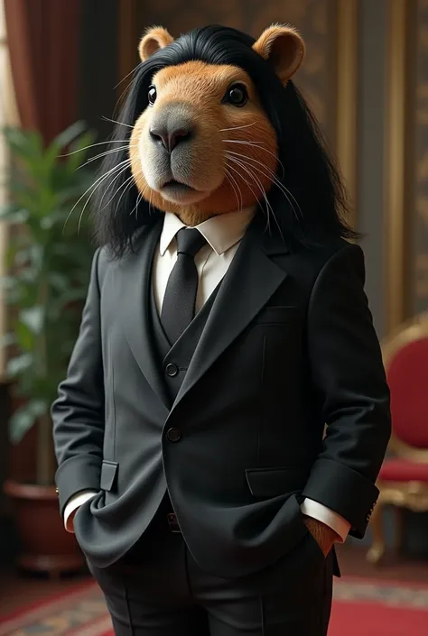 A scene where an ugly capybara stands handsomely wearing a black hair wig divided by 5 : 5, wearing a saggy suit 