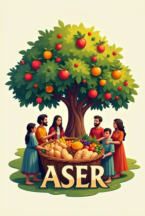 Logo with the word Aser a tree with many fruits basket with bread and food people around
