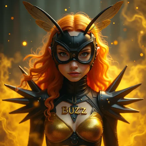 A superhero girl with ginger hair inspired on a bee,she has a bee mask on and black spikes on her forearms, in front of her chest the letters "Buzz" in gold,the atmosphere is paranormal, occult, celestial, ghostly, unearthly, spectral , fenomenale,gold smo...