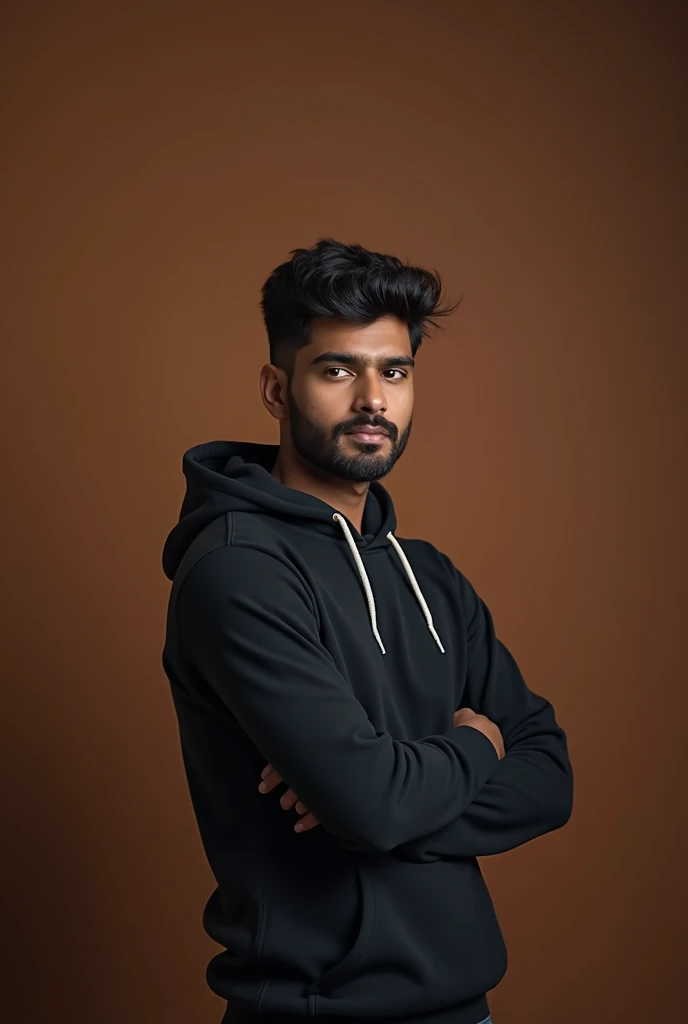 A wide portrait shot of a young 25 year old fair skinned Indian filmmaker standing and looking at the camera, hoodie, intent look, (((oval face))), light stubble, luxury colour gradient background, earthy tones, photorealistic, 8k render, (((cinematic))), ...