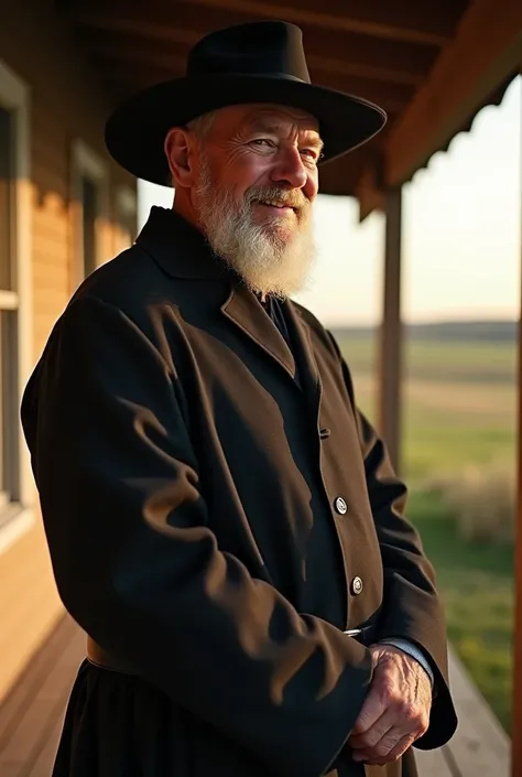 a man in a black pilgrims suit, standing on the porch, in the midwest, americana, upper body, close up, raw, [smiling:0.8], 8k uhd 